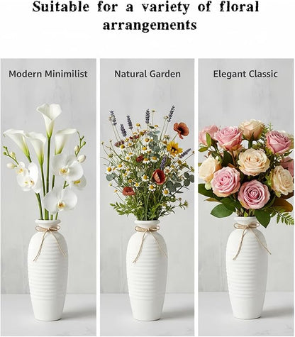14.4 Inch Tall Ceramic Vase, Large Rustic Vintage Farmhouse Threaded Vases for House Book Shelf Office Coffee Desk Dining Fireplace,White