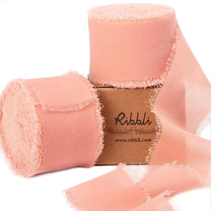 Ribbli Dusty Pink Chiffon Ribbon 1-1/2 inch x 20 Yard Handmade Fringe Chiffon Silk Ribbon for Wedding Invitations, Bridal Bouquets Wrapping, Flower Arrangement Decoration