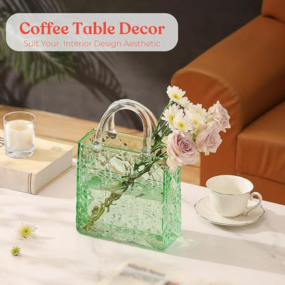 Purse Vase, Glass Bag Vase, Glass Purse Vase for Flowers, Green Vases, 12 Inch Large Flower Vases with Embossed Pattern for Wedding, Living Room, Bedroom, Table, Office(Tote)