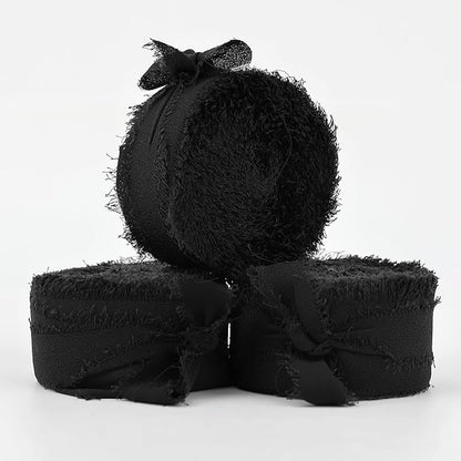 MEEDEE Black Chiffon Ribbon 1 Inch Frayed Ribbon Chiffon Silk Ribbons Black Fringe Thin Chiffon Ribbons for Crafts, Gift Wrapping, Wedding Invitation (3 Rolls 21 Yards)