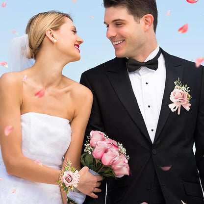 2 Pcs Pink Rose Wrist Corsage and Boutonniere Set, Rose Corsage Hand for Women, Boutonniere for Men Wedding Artificial Flowers Accessories Prom Decor, Wedding Party Accessories (Pink)