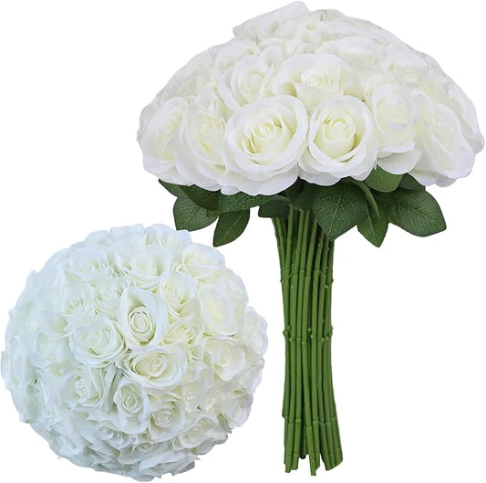 Artificial Rose Flower Artificial Flowers Flower with Long Stem Silk Roses Bouquet for Wedding Bridal Shower Party Home Decoration (White, 30 Pcs)