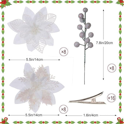 24 Pcs White Boxed Christmas Poinsettia Flowers Set, 16 Pcs Artificial Poinsettias with Clips, 8 pcs Glitter Christmas Tree Ornaments Berry Stems for Wedding Home Holiday Xmas New Year Decorations
