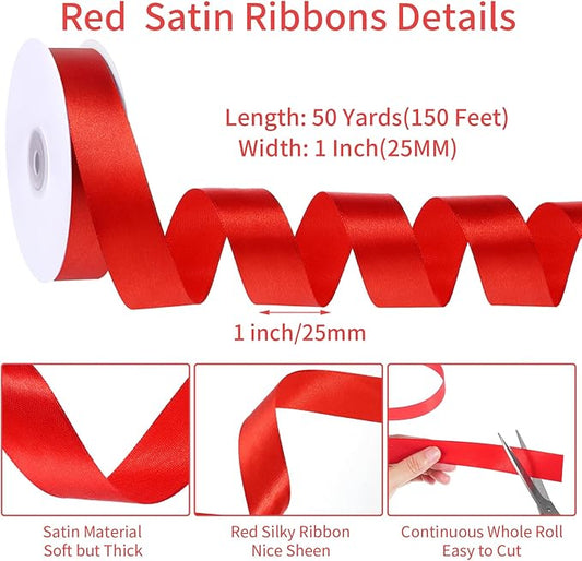 Red Ribbon 1 Inch 50 Yards Craft Polyester Christmas Satin Ribbon Red Bows for Wedding Outdoor Patio Decor Wreath Hair Bows Crafts Gift Wrapping DIY Projects