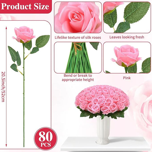 80 Pcs Roses Artificial Flowers, Silk Pink Artificial Flowers Petals Long Stem Roses for Wedding Bouquet Home Party Decor