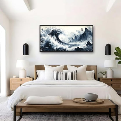 Mountain Wave Large Wall Art Framed Chinese Wall Decor for Living Room Waves Pictures Oversized Canvas Print Painting Modern Extra Large Framed Artwork for Bedroom Office Home Decor 60"x30"