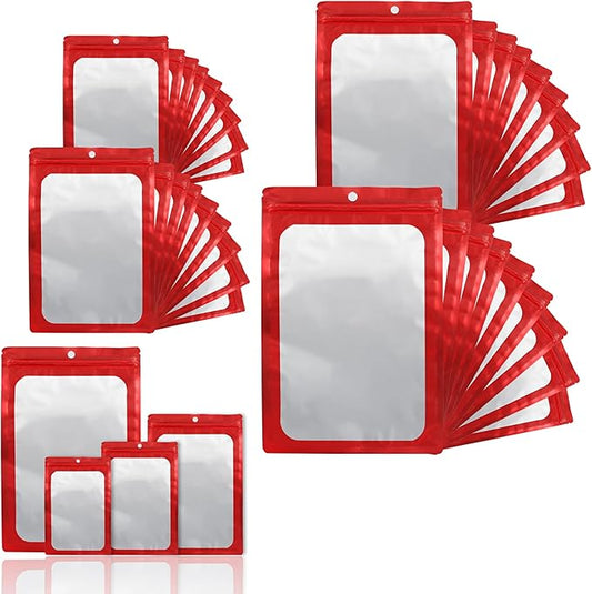 400 Pack 4 Size Bags with Clear Window,Scratch Resistant Hand Holographic Packaging Pouch,Resealable Bag for Small Bussiness Cookies Jewelry Candy Sample (Red, 2.4×3.9,3x4.7,4×7,5.5×7.9 inch)