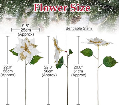 10" Poinsettia Flower Artificial for Christmas Tree Decor, 3 Pcs Faux Glitter Poinsettias Stems for DIY Xmas Wreath & Garland, Christmas Ornaments for Home Party, Holiday Decorations, White Gold