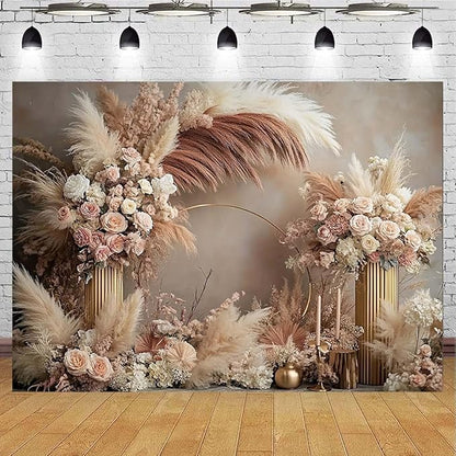 Boho Floral Wedding Backdrop Pampas Grass Flower Curtain Background Wedding Bridal Shower Anniversary Party Decoration Backdrop Newborn Baby Shower Pregnancy Photos Backdrop (9x6feet)