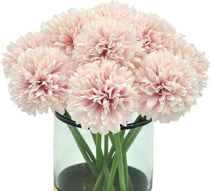 10Pcs Artificial Fake Flower Plants Silk Chrysanthemum Ball Hydrangea Arrangements Wedding Bouquets Decor Home Kitchen Garden Party Table Floral Centerpieces DIY (Light Pink)