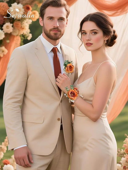 Serwalin Orange Corsage and Boutonniere Set, Boutonniere and Wrist Corsage Wristlet Prom Homecoming Wedding Flowers Accessories Prom Suit Decorations (Orange)