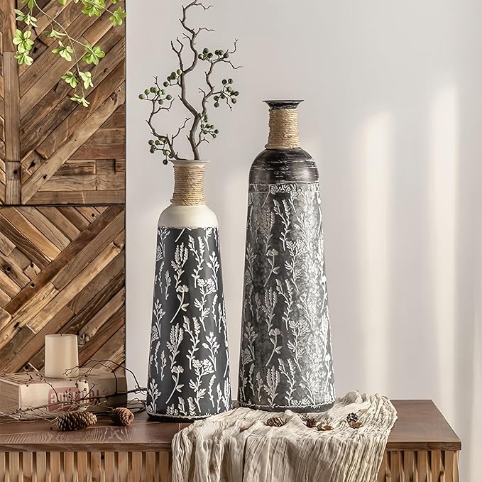 Decorative Rustic Iron Vase,23 inches 28 inches 30 inches Tall Large Metal Floor Vase,Farmhouse Vintage Floweral Vase for Living Room Home Decoration (Blue 4)