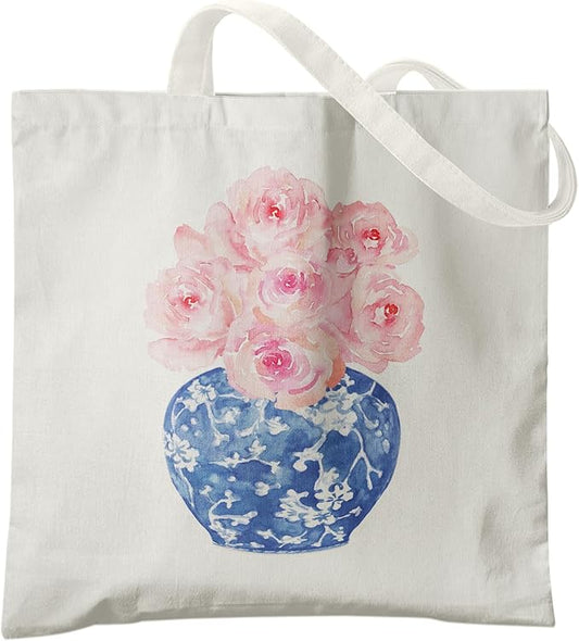 Blue and White Chinoiserie Prints Canvas Tote Bag for Women, Reusable Folding Shopping Bags with Handles