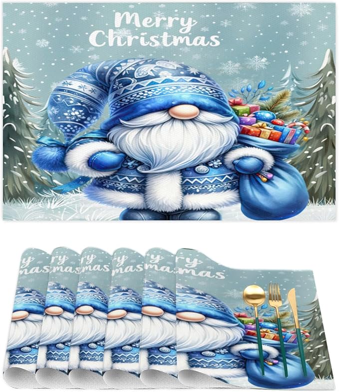 Xmas Christmas Gnomes Bule Snowflake Placemats Set of 6 PVC Vinyl Non Slip Table Mats Heat Resistant Place Mats Washable Wipeable Dining Table Mat for Kitchen Party Indoor Outdoor Decorative Gift