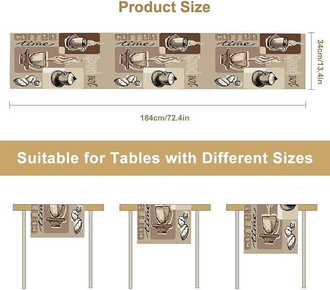 Coffee Table Runner,Vintage Style Coffee Cup Bean Abstract Theme Pattern Print Tablecloth Burlap for Hotel Indoors Outdoor Dining Room Kitchen Table Decor, 13x108in