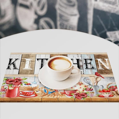 Farmhouse Vintage Kitchen Placemats Rustic Wood Plank Barn Door Retro Strawberry Utensils Knives and Forks Placemats Table Dining Party 12x18 Inch Set of 6