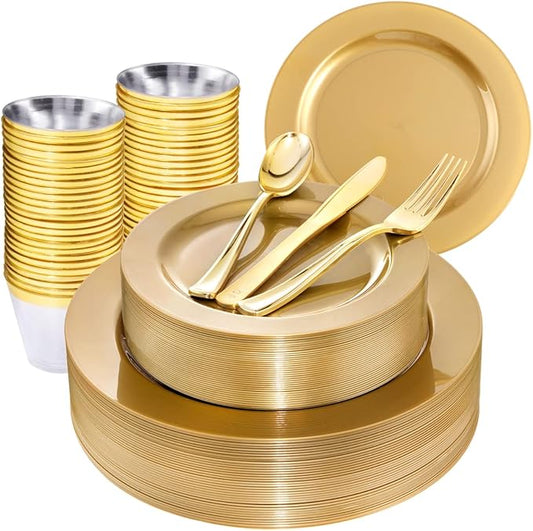 DaYammi 180pcs Gold Plastic Plates Gold Disposable Plates Plastic Silverware Include 30 Dinner Plates 30 Dessert Platos 30 Fork 30 Knives 30 Spoon 30 Cup for Party