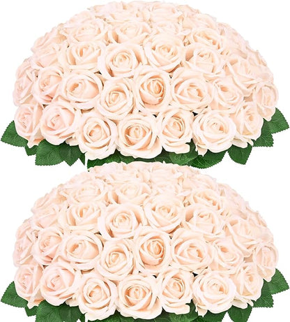 BLEUM CADE 50 Pcs Champagne Roses Artificial Flowers, Real Touch Velvet Roses Fake Flowers Bulk, Artificial Roses Bouquet with Long Stems Bridal DIY Wedding Party Centerpiece Decorations