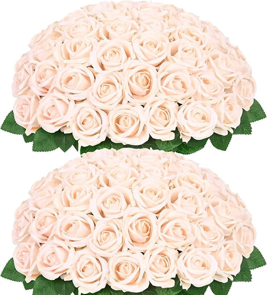 BLEUM CADE 50 Pcs Champagne Roses Artificial Flowers, Real Touch Velvet Roses Fake Flowers Bulk, Artificial Roses Bouquet with Long Stems Bridal DIY Wedding Party Centerpiece Decorations