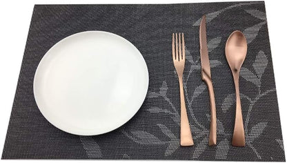 Gugrida Place Mats PVC Set of 6, Table Placemats Set of 6 PVC Woven Vinyl Place Mats Table Mats Natural Color (6 pcs, Black Leaves)