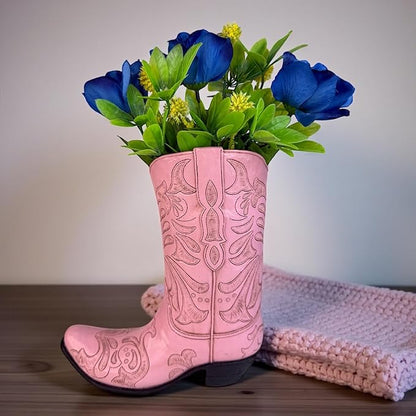 Top Brass Pink Cowboy Boot Vase – Tooled Leather Look Western Decor for Flowers/Stand Alone Accent – Resin Cowgirl Planter with Intricate Design & Protective Pads – Rustic Country Home Art, 10” Tall