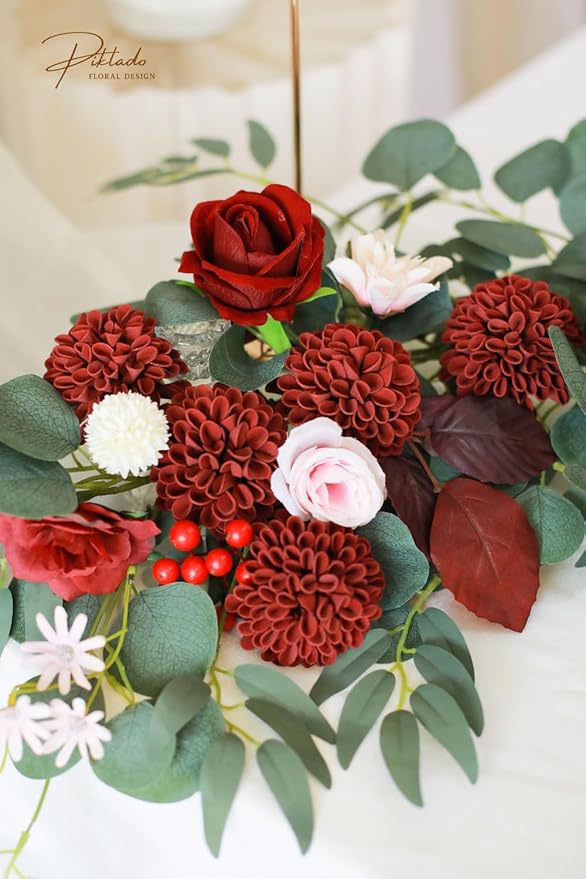 Artificial Wedding Dahlia Flowers 25 pcs Fake Roses w/Stem for DIY Wedding Decor Centerpieces Arrangements Bouquets (Burgundy)