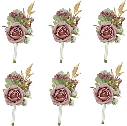 Meldel Dusty Rose Pink Boutonniere for Men Wedding, Set of 6, Groom Groomsman Boutonniere, Mens Boutonnieres for Wedding Prom Ceremony Anniversary Party Homecoming