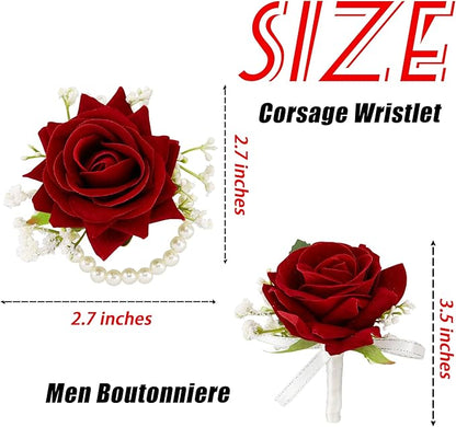 SITUMEIZI 2Pcs Red Rose Corsage and Boutonniere Set Corsage Wristlet Band Bracelet for Prom Decor and Boutonniere for Men Wedding Flowers Accessories Party Suit Decoration