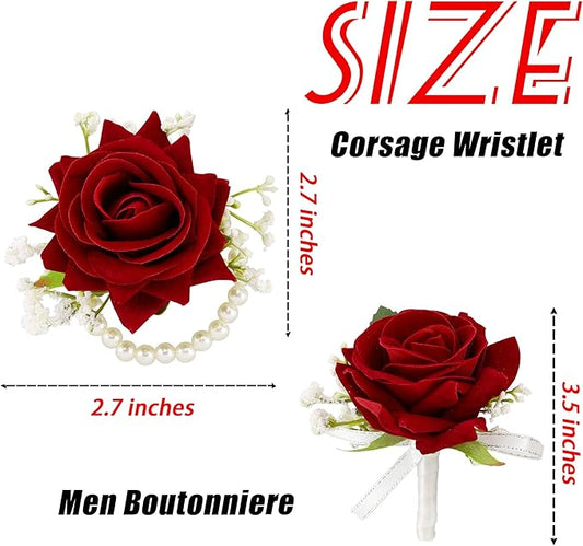 SITUMEIZI 2Pcs Red Rose Corsage and Boutonniere Set Corsage Wristlet Band Bracelet for Prom Decor and Boutonniere for Men Wedding Flowers Accessories Party Suit Decoration