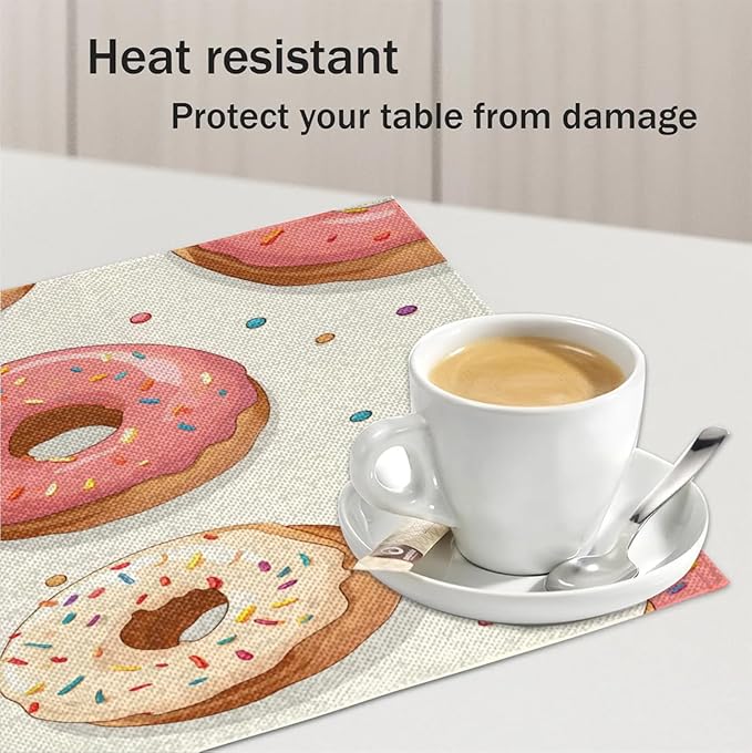 Donuts Placemats, Place Mats Set of 4, Heat Resistant Place Mats, Washable Table Mats for Dining Table, Non-Slip Stain Resistant Kitchen Table Placemats, Food Donut