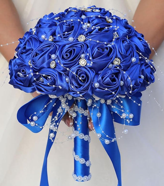 Bridal Wedding Bouquet Round Bling Brooch Bouquet Throw Toss Artificial Rose Flower Bunch for Bride Bridesmaid Wedding Quinceanera(Royal Blue, 7.5")
