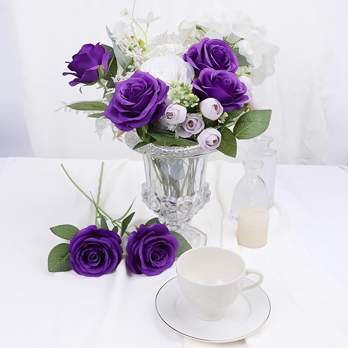 Artificial Rose Flower Artificial Flowers Flower with Long Stem Silk Roses Bouquet for Wedding Bridal Shower Party Home Decoration (Purple, 12 Pcs)