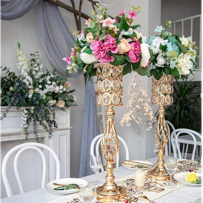 24in Metal Diamond Crystal Wedding Centerpiece Vases for Tables Set of 2, Gold Versatile Tall Flower Holders Centerpiece Flower Stands for Wedding Party Reception Dining Room Living Room Décor