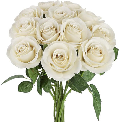 12pcs Roses Artificial Flowers Beige Silk Roses with Long Stems Fake Flowers for Wedding Bouquet Centerpices Decorations Party Bridal Baby Shower Home Decor
