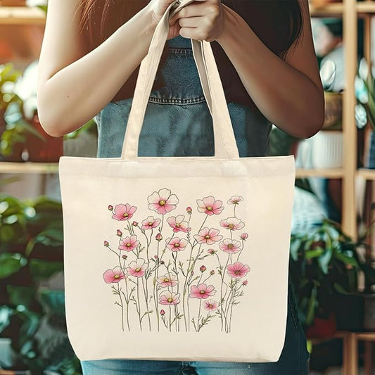 Aesthetic Floral Canvas Tote Bag for Women with Pocket, Tote Bags for Grocery Shopping Work Gym Christmas Birthday