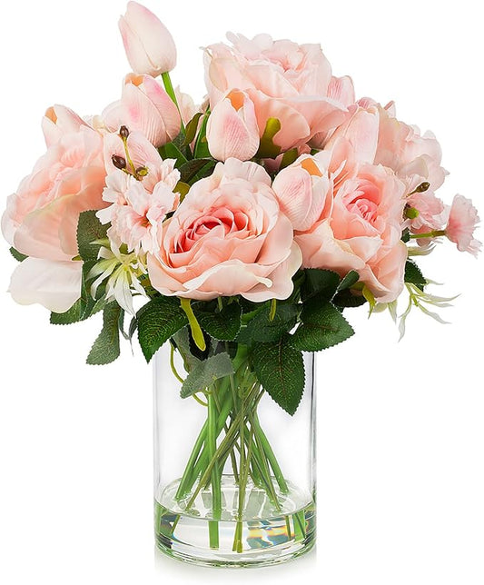 ENOVA FLORAL Pink Tulip Artificial Real Touch Flowers in Vase, Mixed Fake Tulips Fake Flowers and Silk Rose Artificial Flowers with Vase for Dining Table Decoration (Pink)