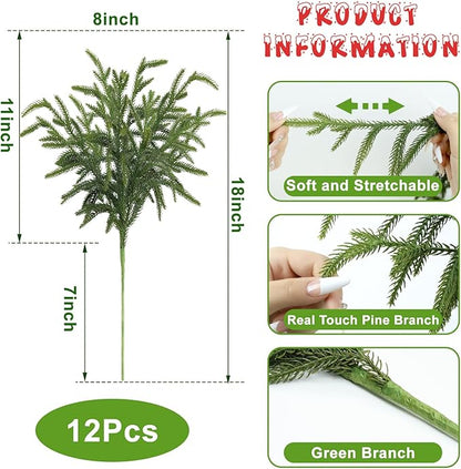 Artgar 12 Pcs Pine Branches - 18 Inch Artificial Green Pine Stem - Real Touch Christmas Greenery Pines Branches for DIY Flower Arrangement Home Indoor Christmas Decor