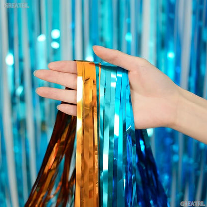 Orange Blue Party Streamers Backdrop - GREATRIL Tinsel Fringe Curtain for Blue Dogs Themed Birthdays Decoration 2 Packs