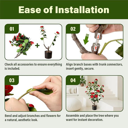 Artificial Camellia Tree,2Pack 3.2FT Faux Red Camellia Plants in Pots,Lifelike Artificial Flower Trees for Indoor Outdoor Home Decor,Realistic Blooming Faux Plants for Living Room Porch Patio Office