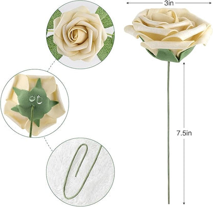 AmyHomie 25pcs Real Looking Artificial Beige Roses w/Stem for DIY Wedding Bouquets Centerpieces Arrangements Party Baby Shower Valentines Day Christmas Tree Decorations