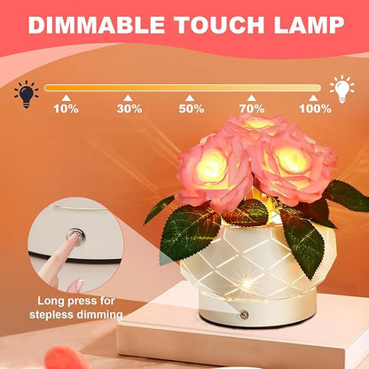 Roses Flower Touch Table Lamp,Rechargeable Cordless 3-Colour Dimming Small Night Light for Festival Housewarming Home Decor Birthday Gifts for Bedroom, Living Room Dining Room
