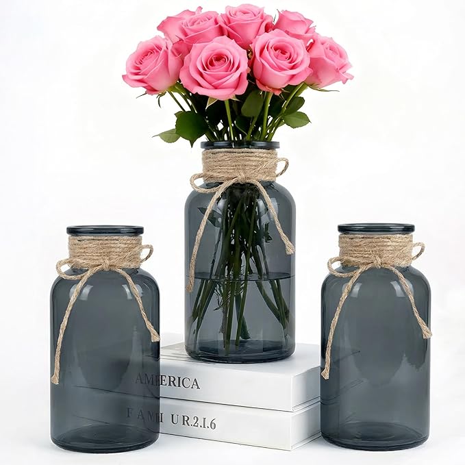 Vintage Glass Flower Vase，3 Pack Farmhouse Black Glass Centerpiece Vases Mason Jars for Weddings, Parties & Home Decor Bulk (3, Black)