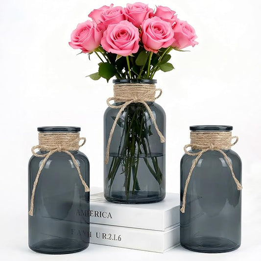 Vintage Glass Flower Vase，3 Pack Farmhouse Black Glass Centerpiece Vases Mason Jars for Weddings, Parties & Home Decor Bulk (3, Black)