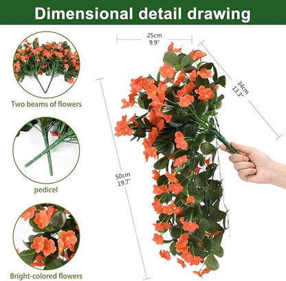 Artificial Fake Hanging Flowers Plants for Outdoor Fall Decoration, 2PCS Faux Silk Violet UV Resistant Look Real Trailing Vines for Outside Home Planter Porch Patio Mums Autumn Decor(Orange)