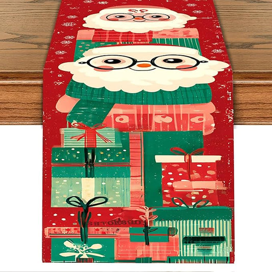 Christmas Table Runner – Red Holiday Table Decoration with Cute Santa Claus & Gifts Design, Festive Dining Table Decor for Christmas Party, Family Dinner, Kitchen & Living Room