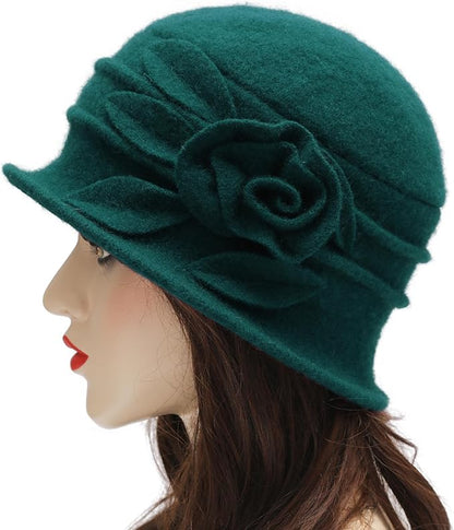ZLYC Women Wool Cloche Bucket Hat 1920s Vintage Dress Winter Hats with Flower Accent