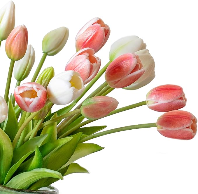 40pcs Artificial Tulips Flowers, Real Touch Latex Bouquet, Fake Tulips for Office Wedding Party Home Kitchen Garden Decoration-B Coral Pink Suit