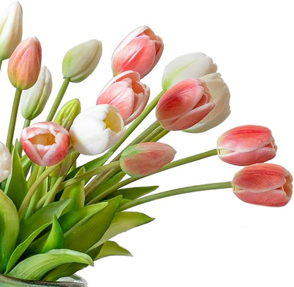 40pcs Artificial Tulips Flowers, Real Touch Latex Bouquet, Fake Tulips for Office Wedding Party Home Kitchen Garden Decoration-B Coral Pink Suit
