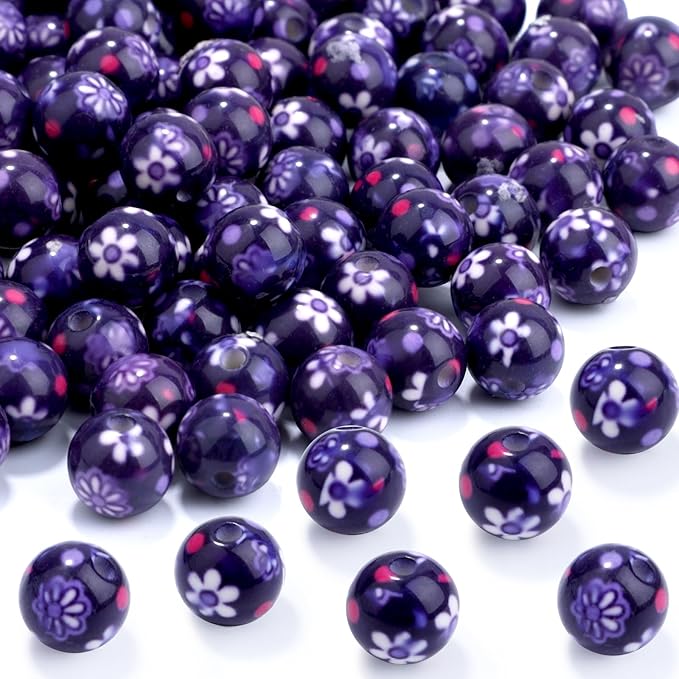 100 PCS 10mm Resin Beads Bulk for Bracelet Making Kit, Blue Flower Printed Round Loose Beads for Jewelry Earring Necklace Rings Art Craft DIY Projects