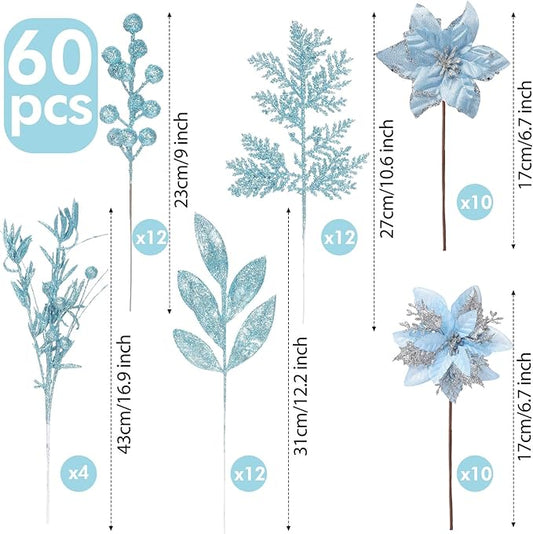 60 Pcs Christmas Glitter Branches 6 Styles Artificial Christmas Picks Berries Stems Poinsettia Flowers Pine Needles Floral Twig Spray for Xmas Tree Ornaments DIY Wreath Garland(Light Blue)